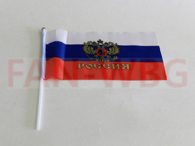 Флажки тканевые Россия на трубочке с навершием оптом со склада, размер 45х30 см.