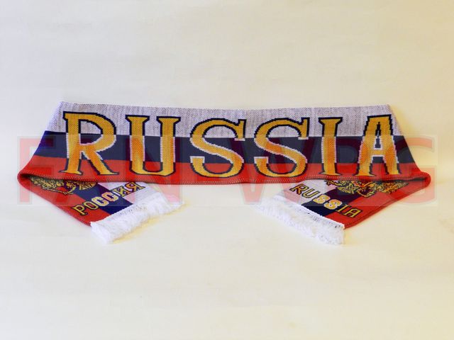 Шарфы с символикой Россия для болельщиков средняя цена 350 рублей